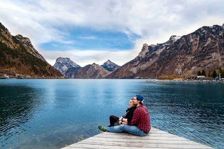 couple hugging by the lake