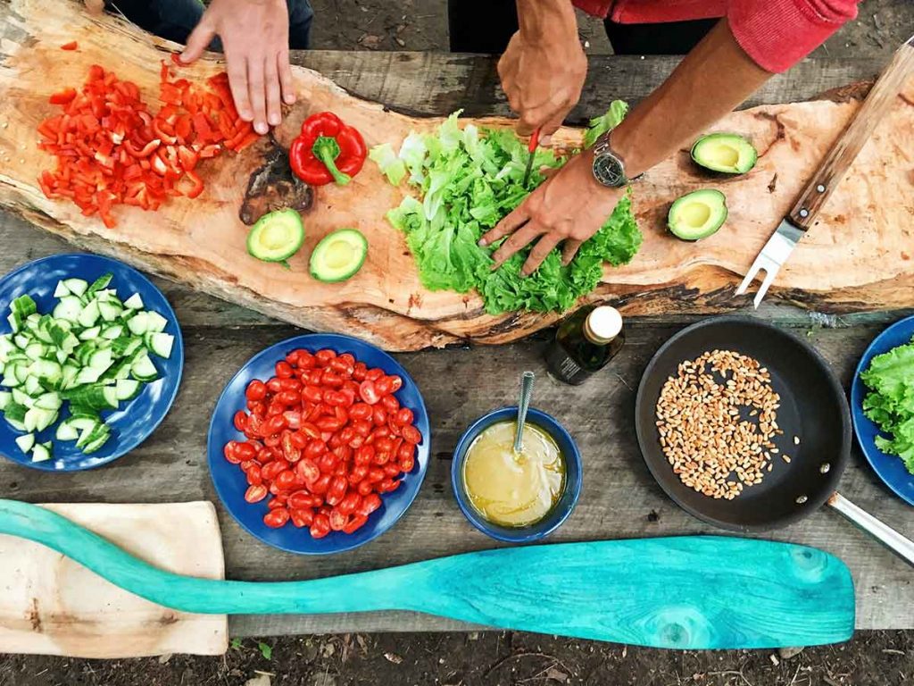 outdoor picnic table food assemby