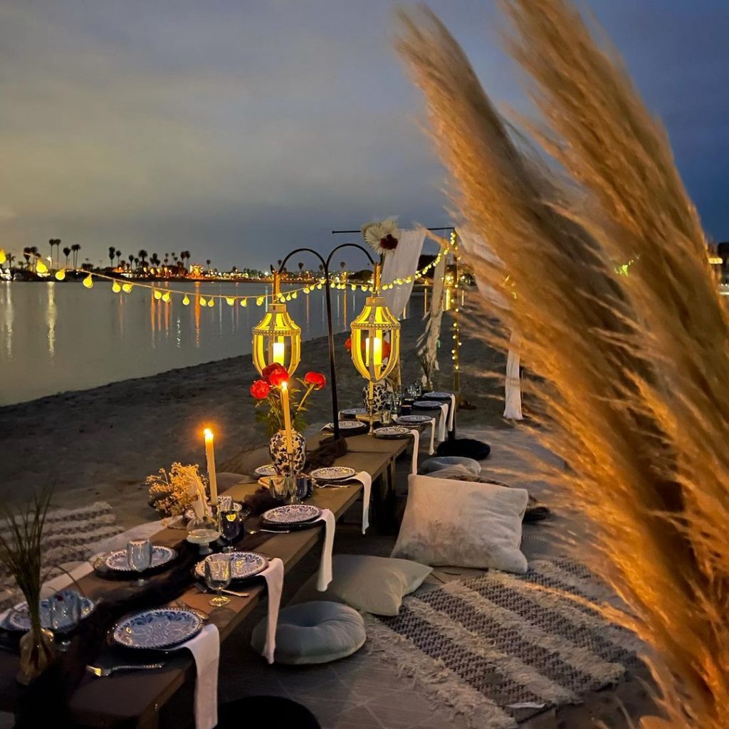 table set up for picnic at sunset