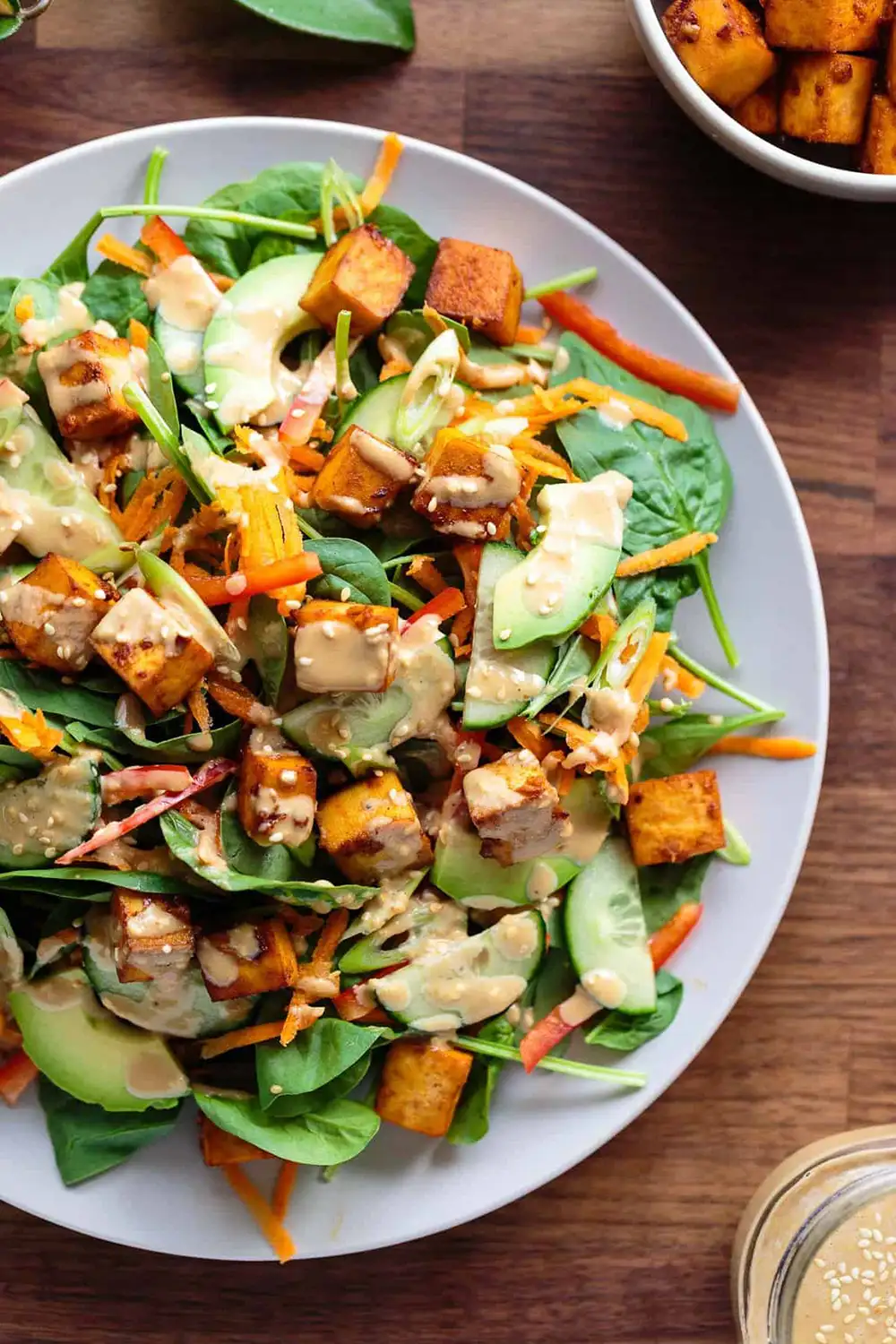 salad plate with tofu and avocado