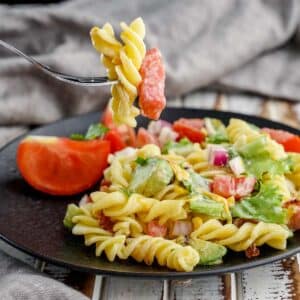 fork loaded with BLT Pasta Salad