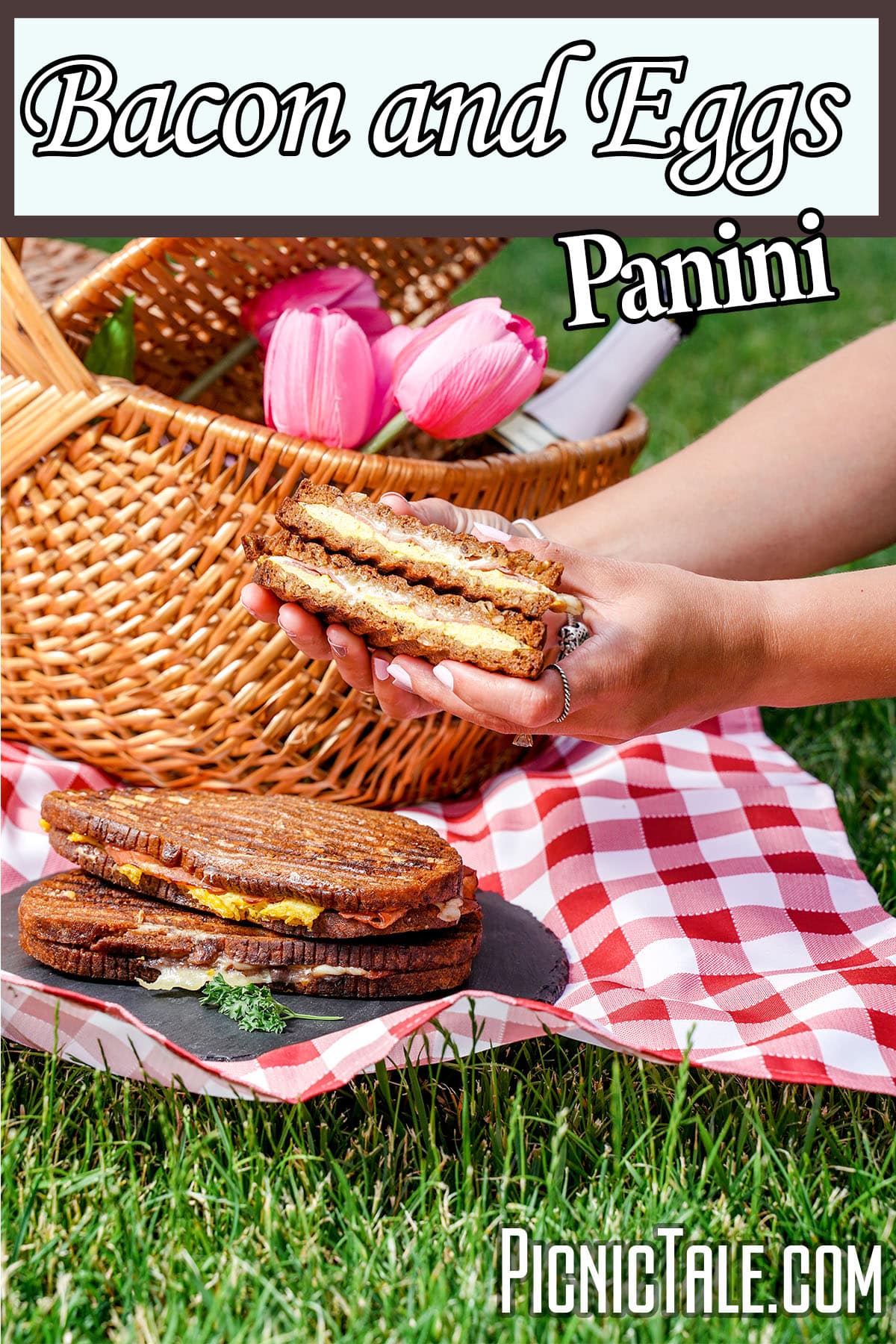 hands holding egg and bacon sandwiches with text which reads Bacon And Eggs Panini