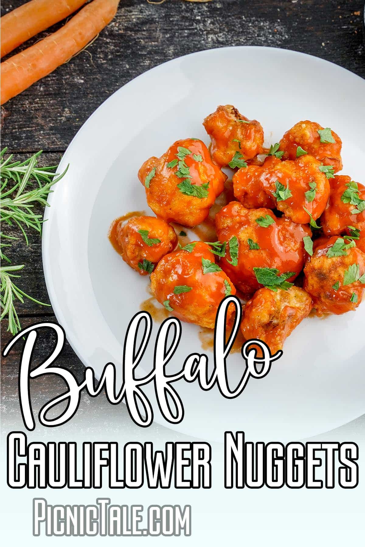 vegan buffalo chicken with text which reads Buffalo Cauliflower Nuggets
