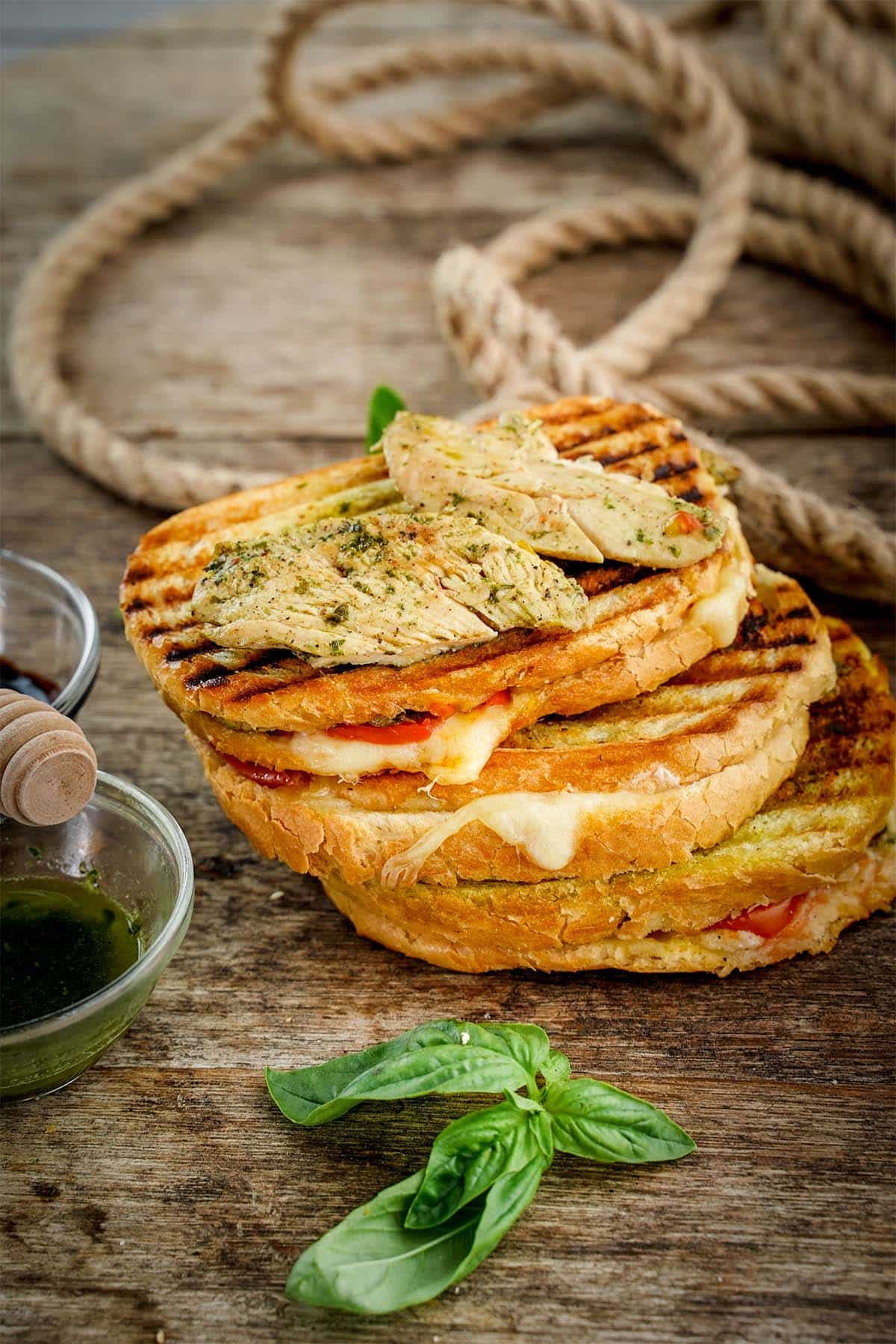 Chicken Caprese Panini, with rope on fence board.