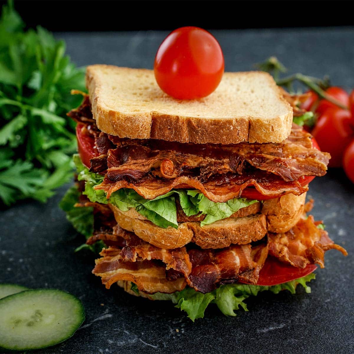side view of easy bacon lettuce and tomato sandwich