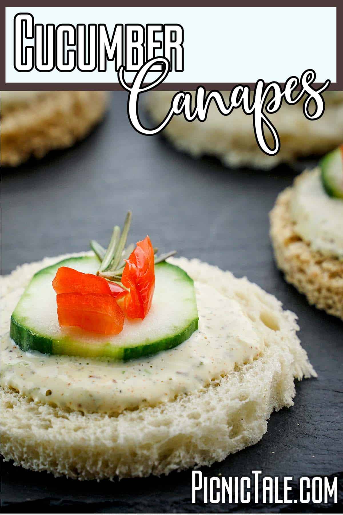 simple picnic snack with text which reads Cucumber Canapes