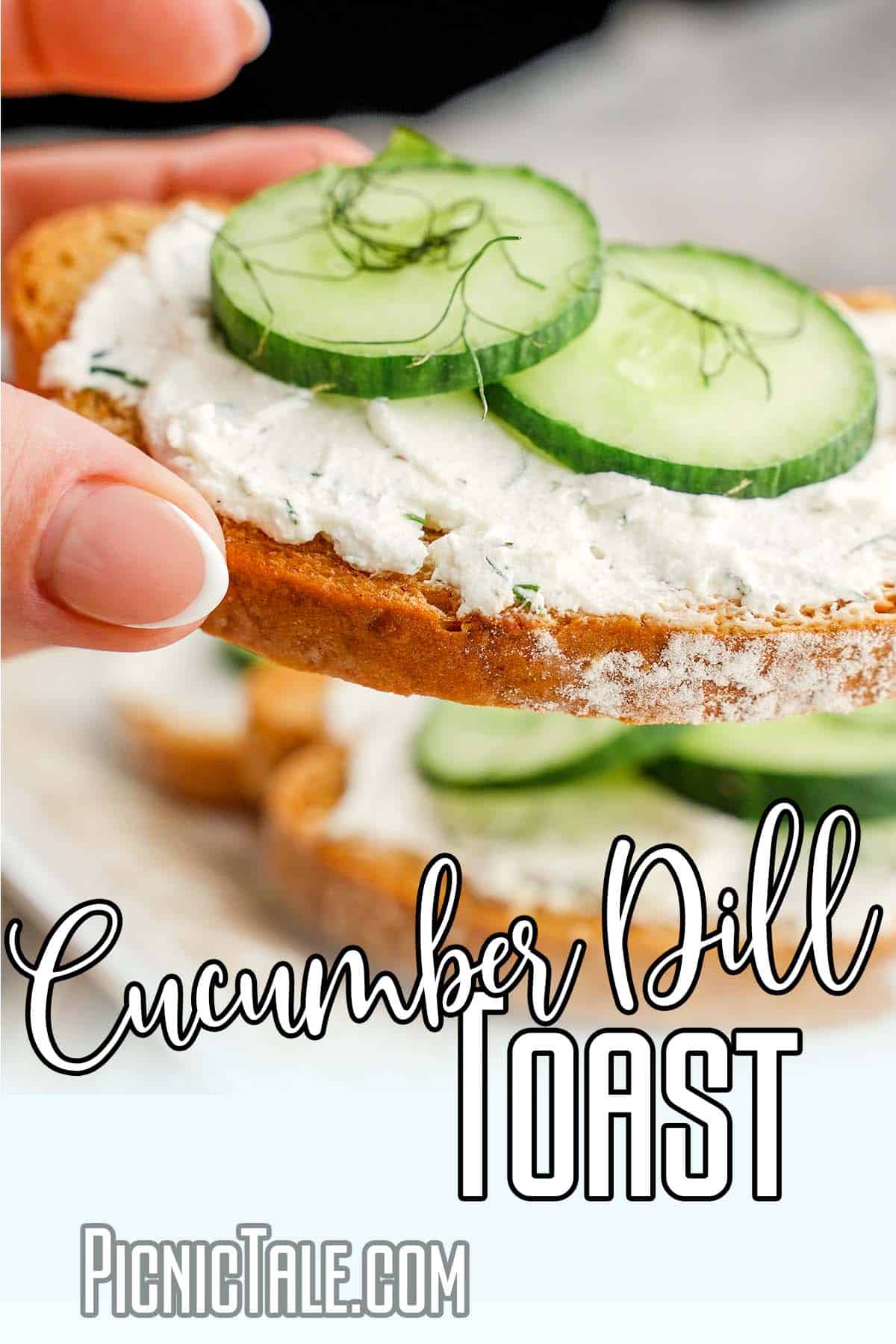 Holding in hand Cucumber Dill Toast Sandwich wording on bottom.