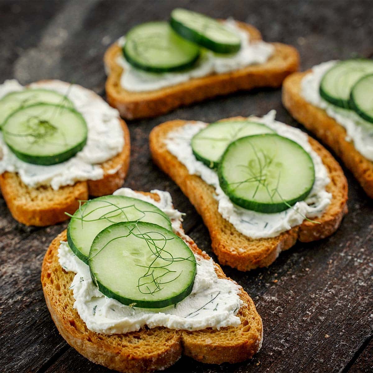 Five Cucumber Dill Toast Sandwiches.