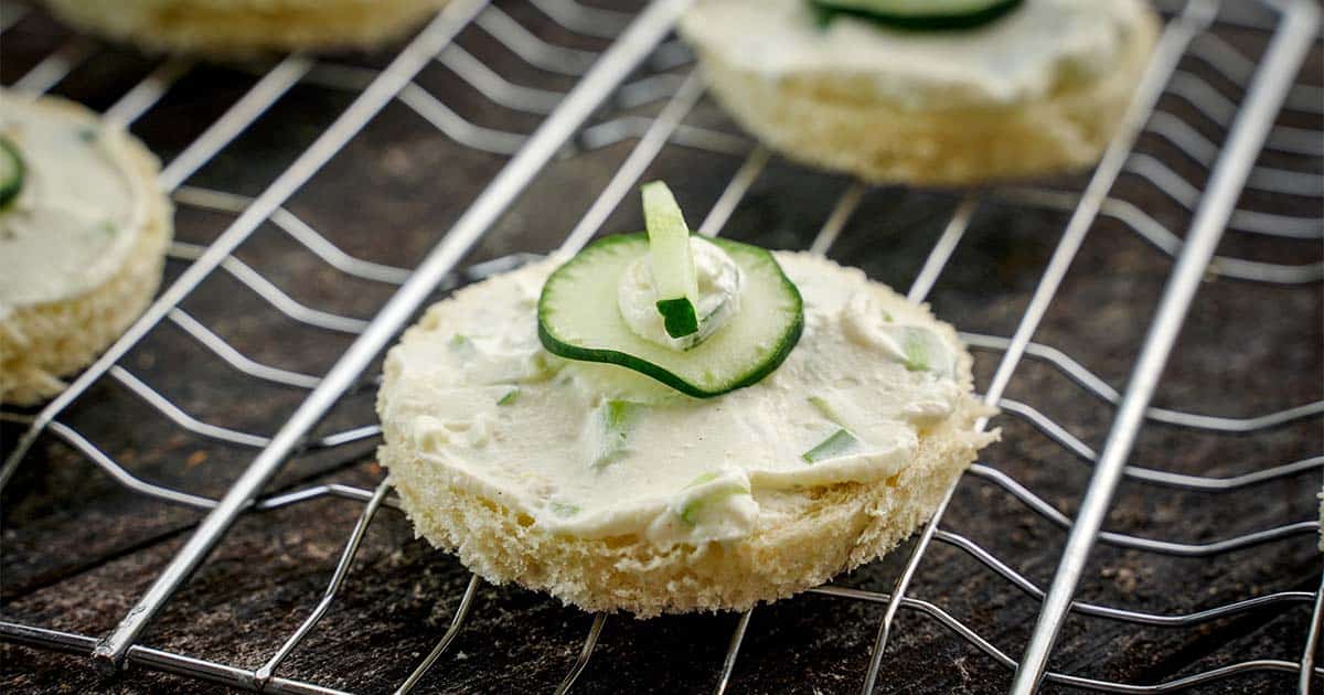 Close up of Cucumber Sandwiches, on rack.