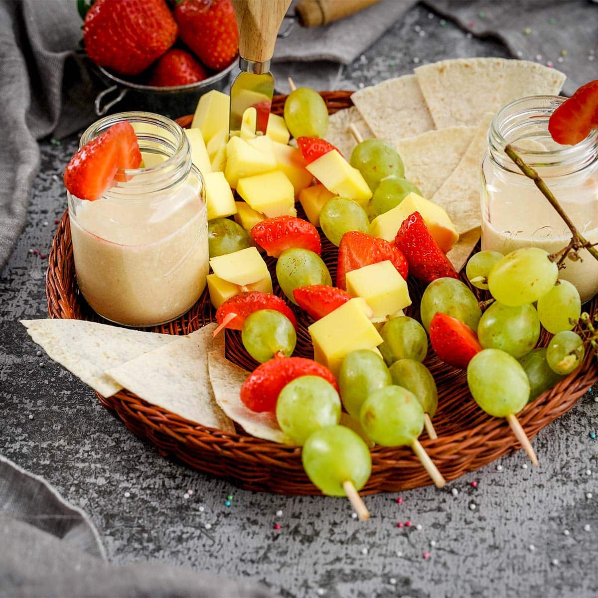 Fruit and Cheese Kabobs on a plate