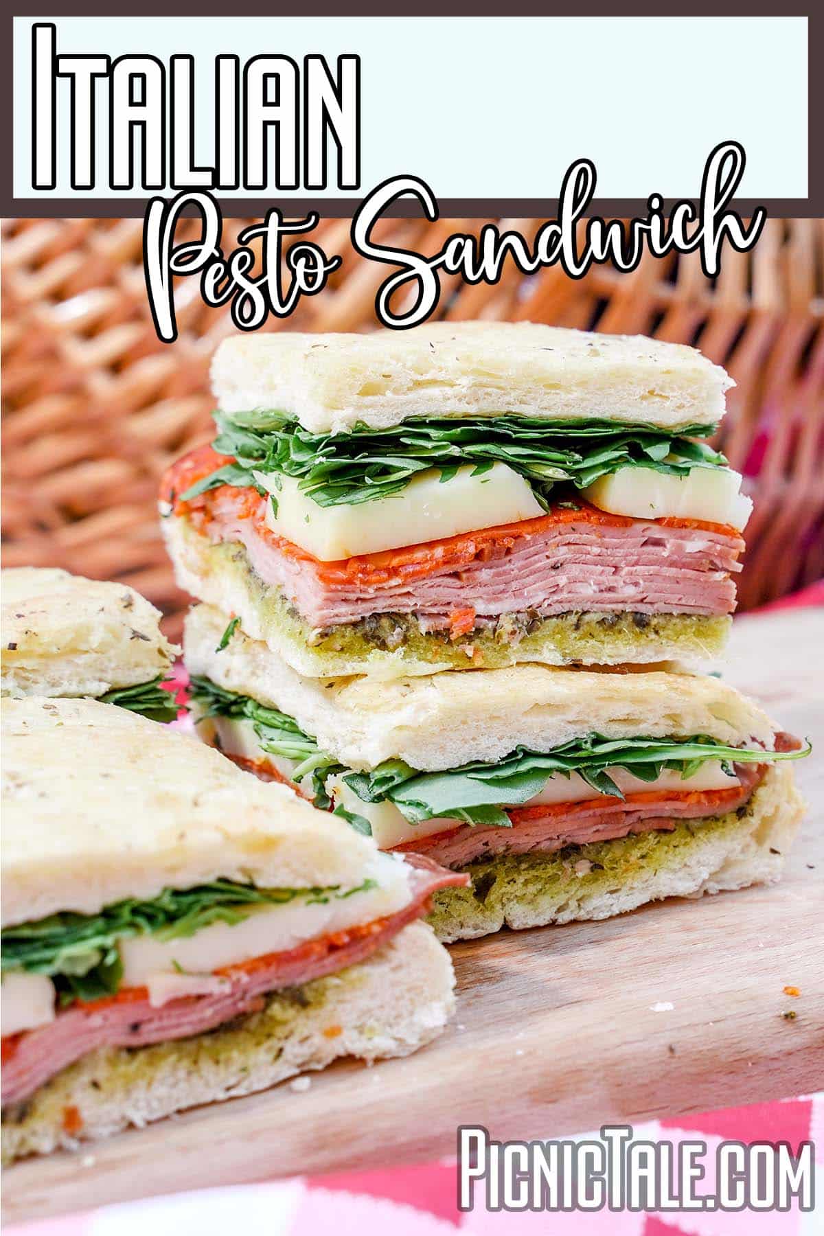 Italian Pesto Sandwich, squares stacked with lettering on top.
