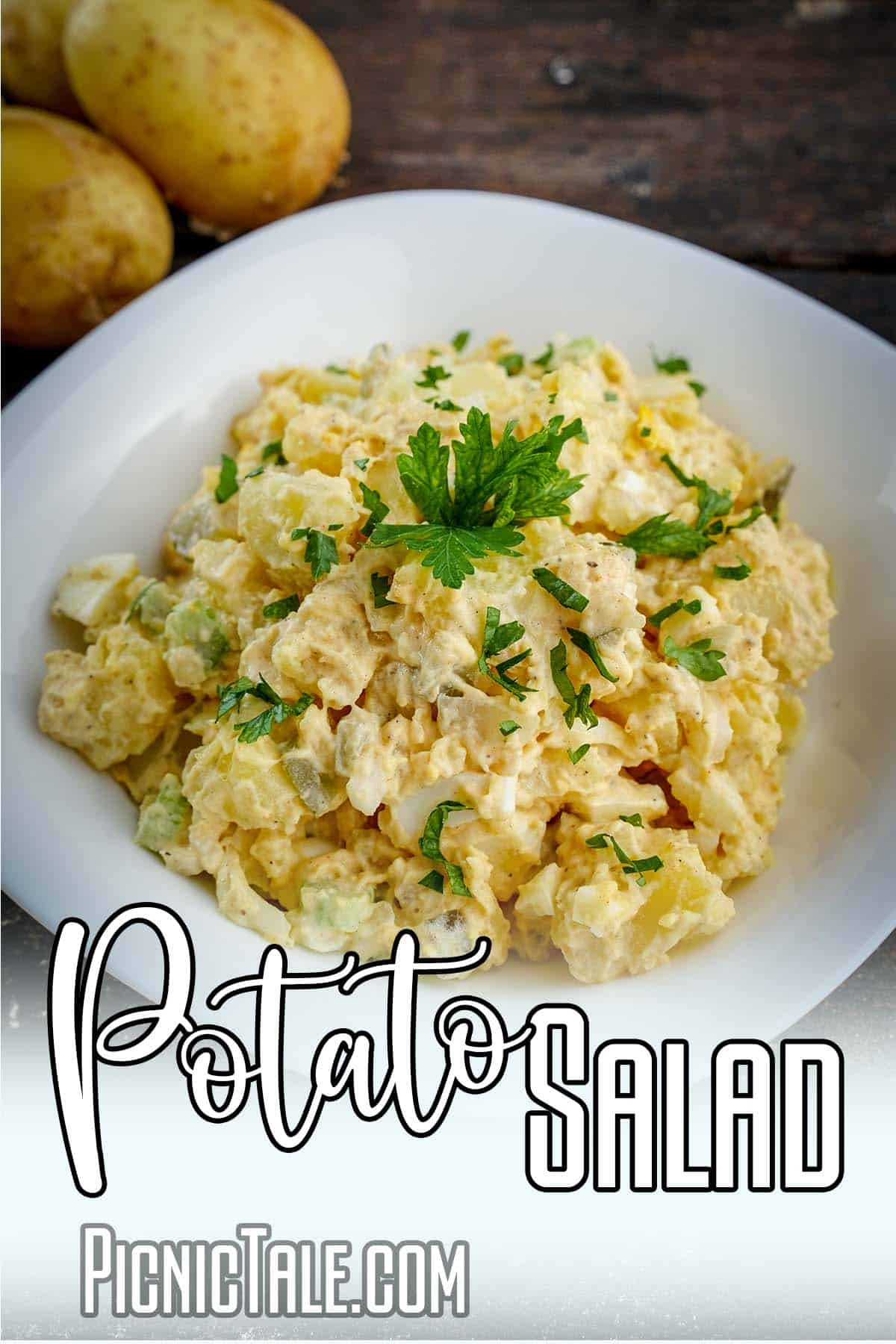 easy Potato Salad recipe with text which reads Potato Salad