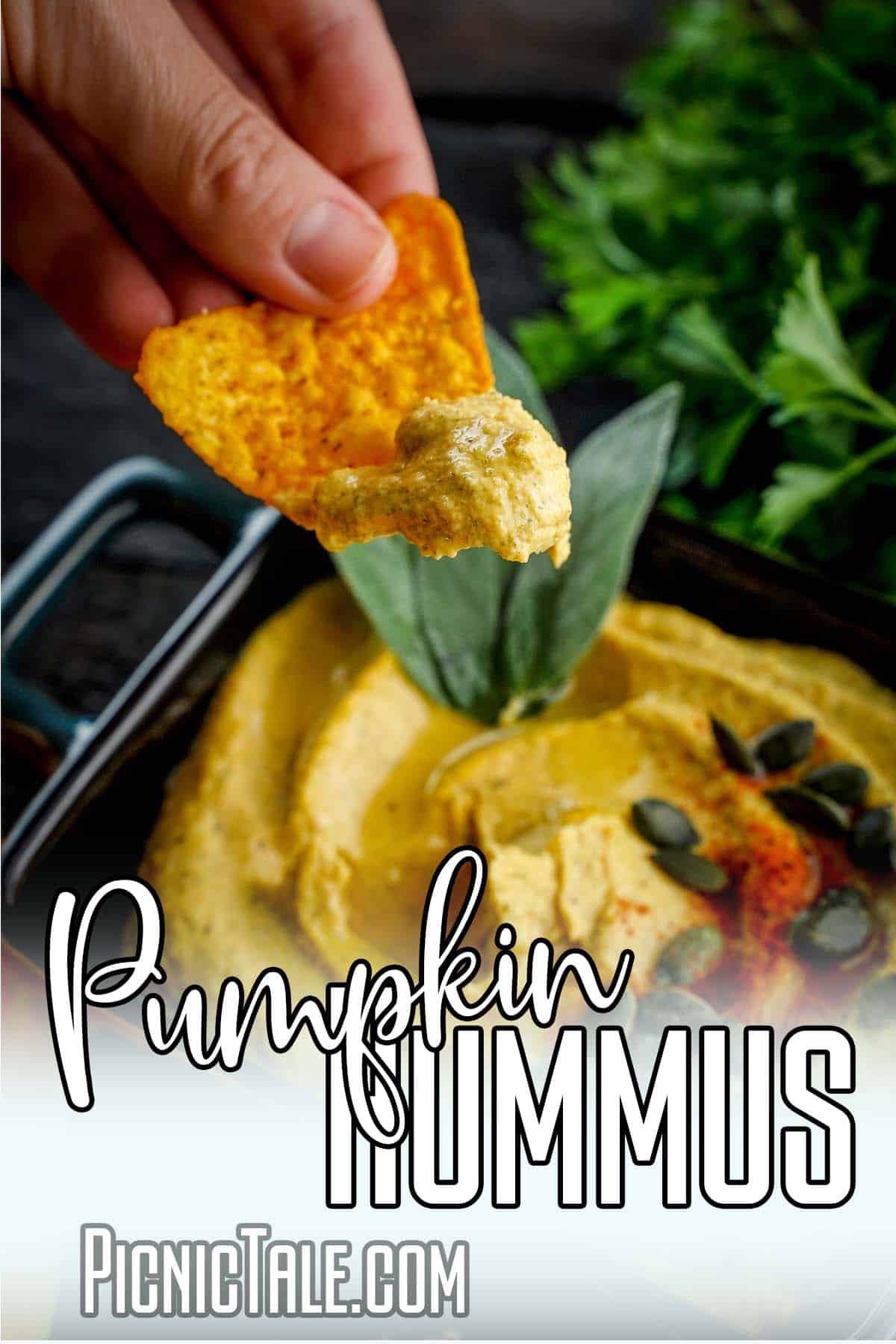 fall dip recipe for a picnic side dish with text which reads Pumpkin Hummus