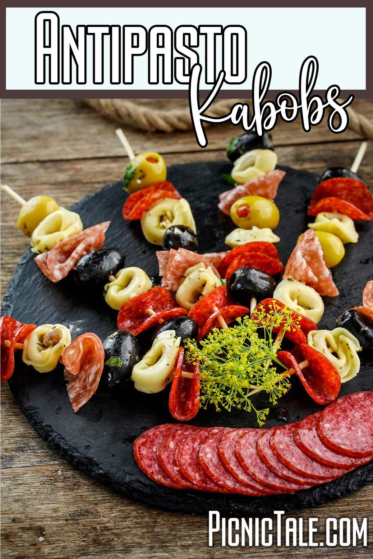 plate of fun appetizer snack with text which reads antipasto kabobs