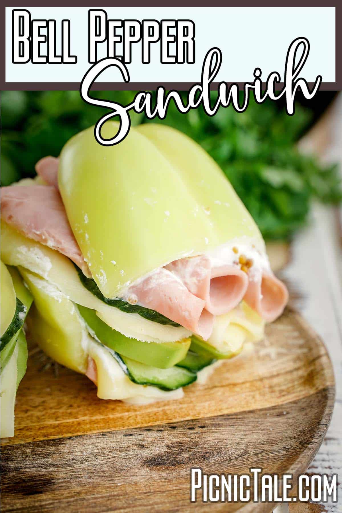 closeup of a sandwich without bread with text which reads bell pepper sandwich