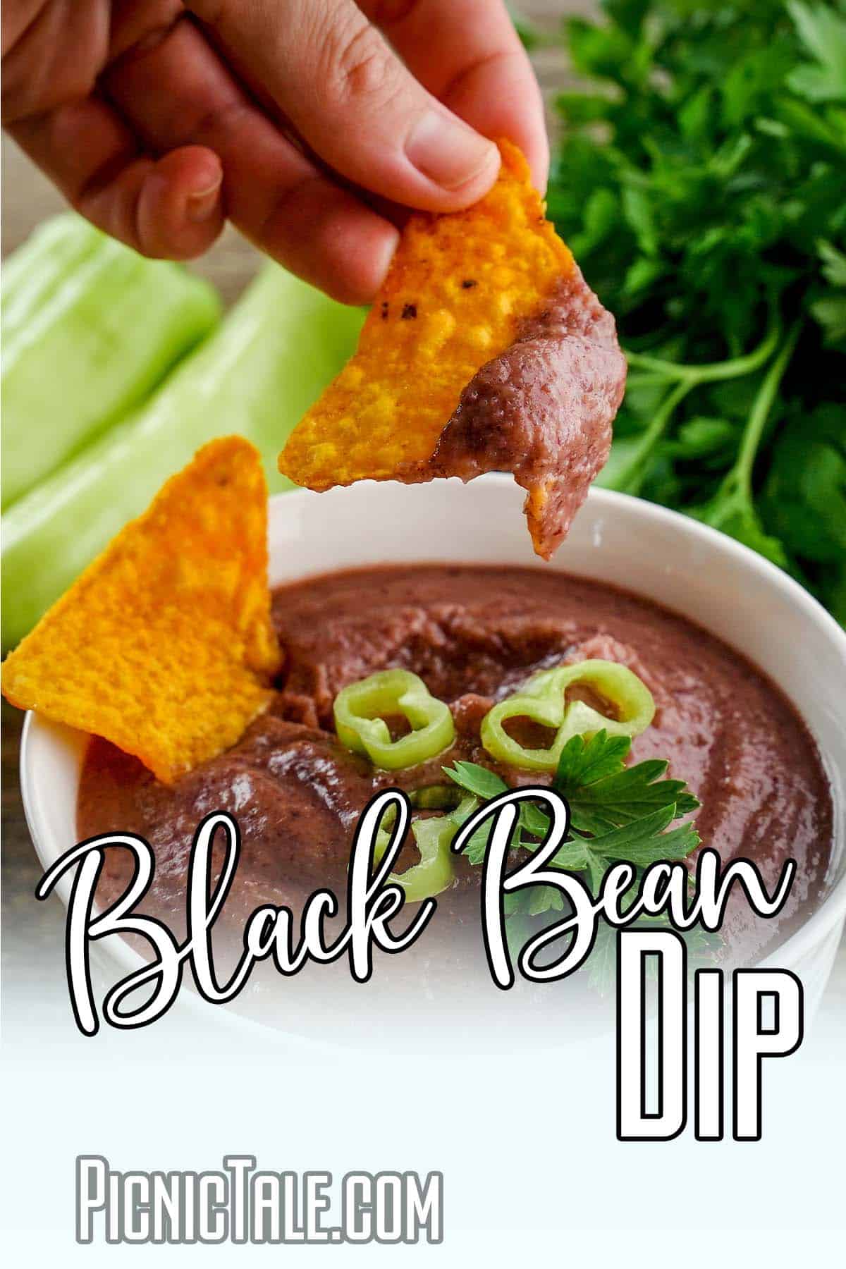 bowl of bean dip with chips with text which reads black bean dip