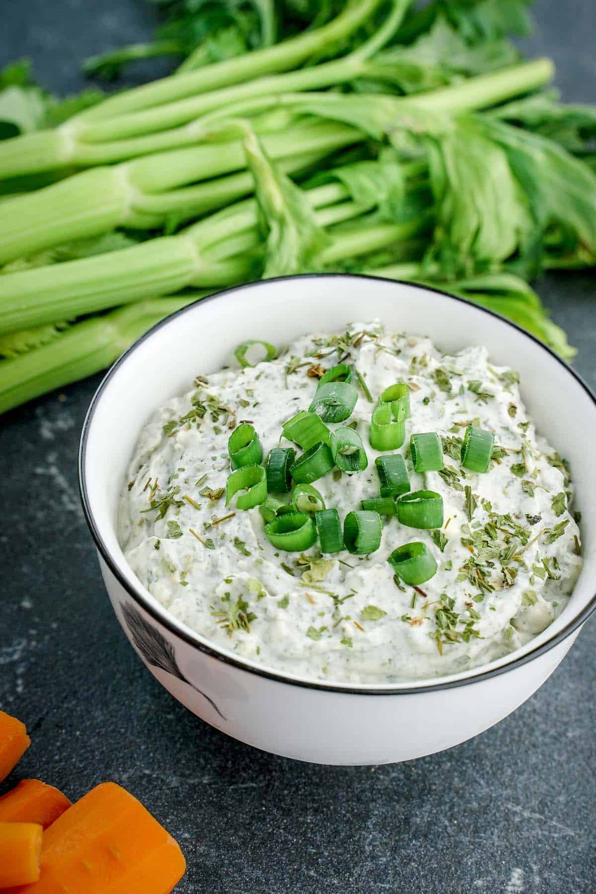 blue cheese dip in a bowl with celery