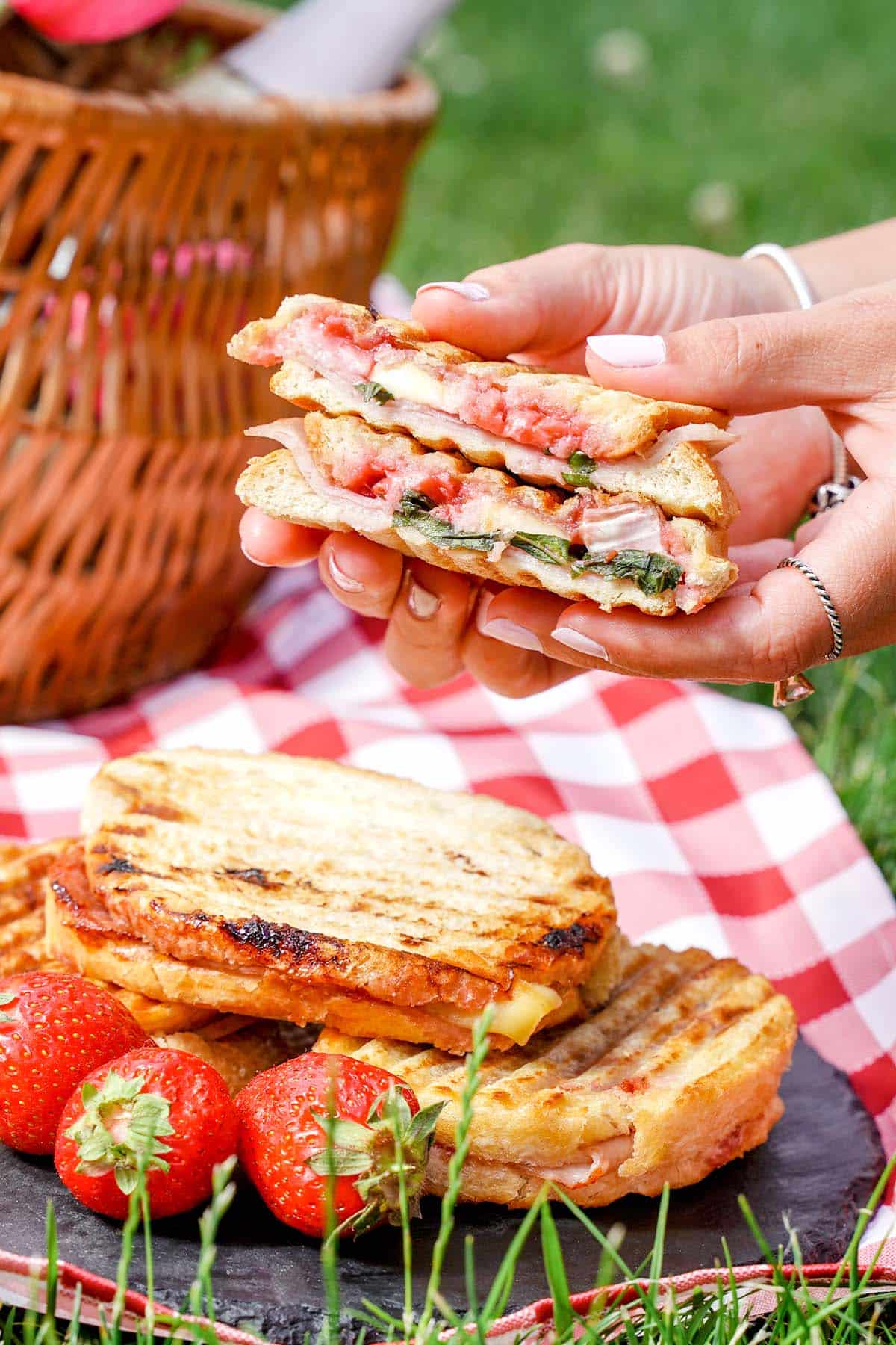 Holding Brie grilled cheese sandwich, outside.
