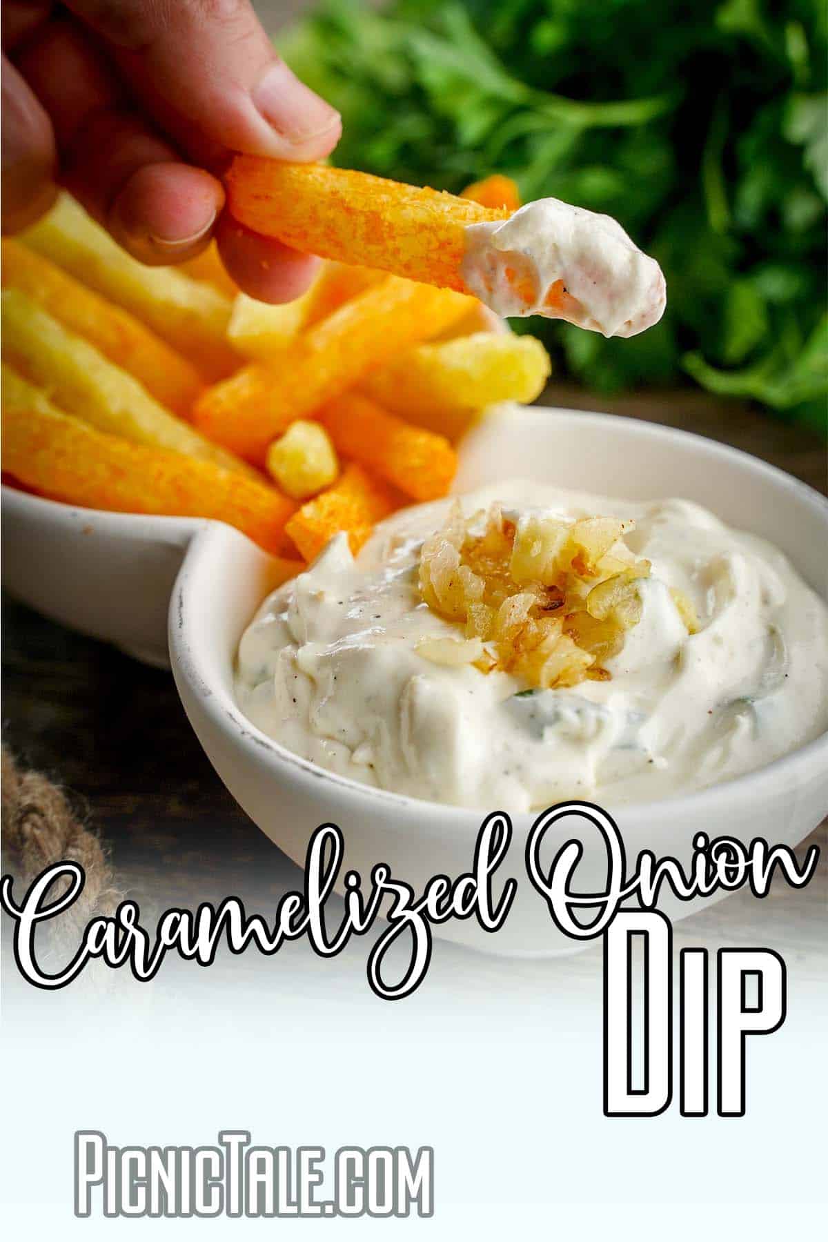 simple recipe for a picnic side dish with text which reads caramelized onion dip