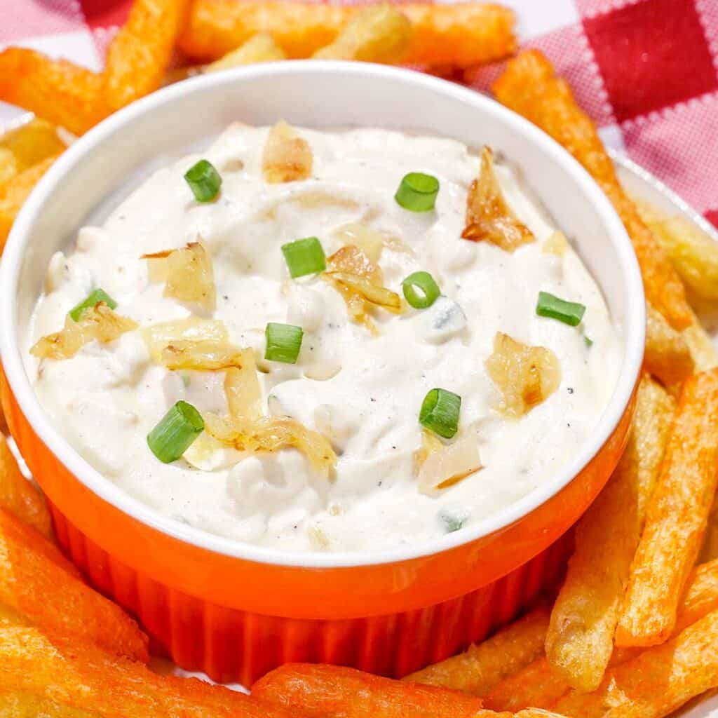 caramelized onion dip in a bowl