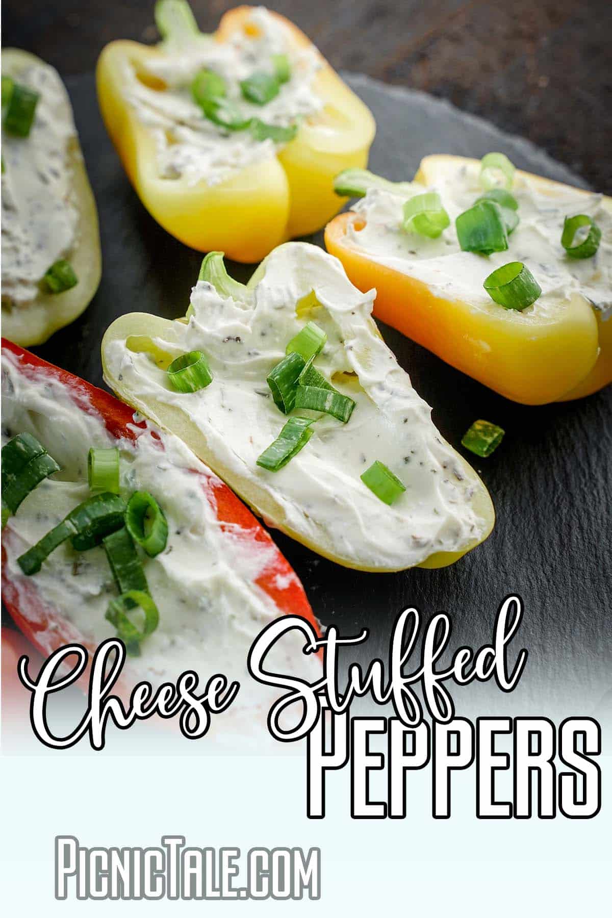 cheese stuffed bab peppers with text which reads cheese stuffed peppers