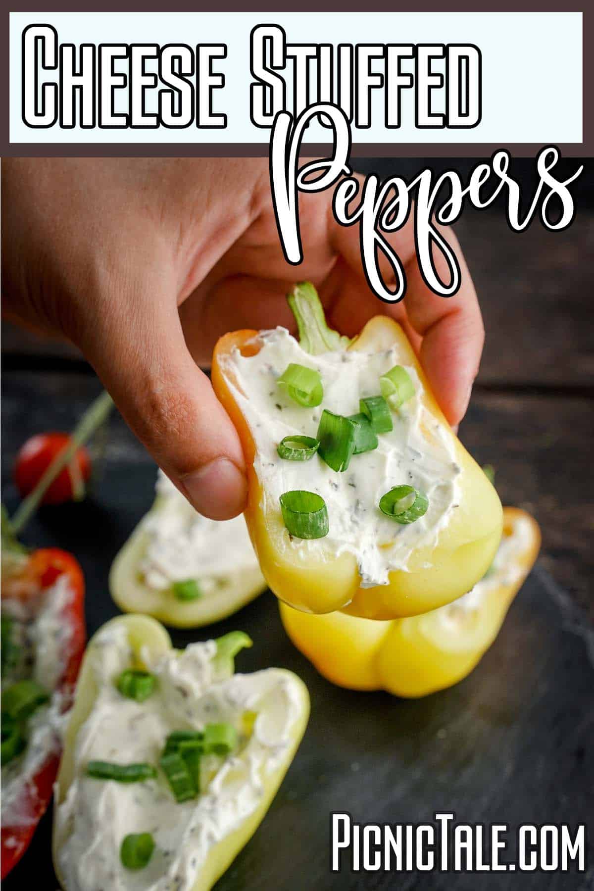 cheese stuffed baby peppers with text which reads cheese stuffed peppers