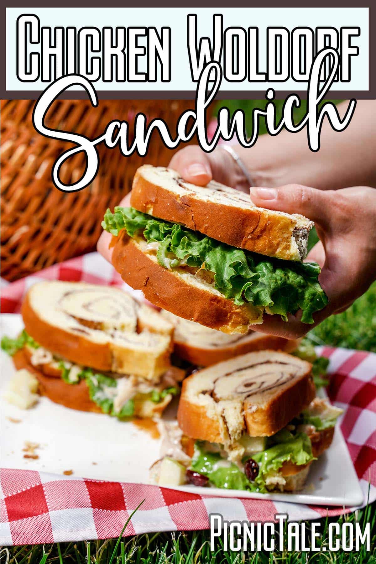 Chicken Waldorf sandwich, holding sandwich with wording on top.