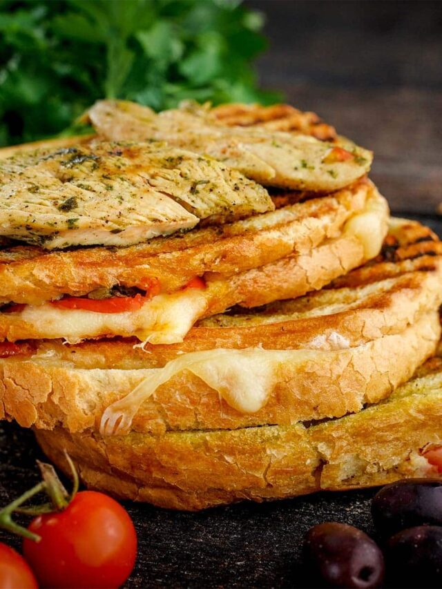 Chicken Caprese Panini, side view with cherry tomatoes and olives.