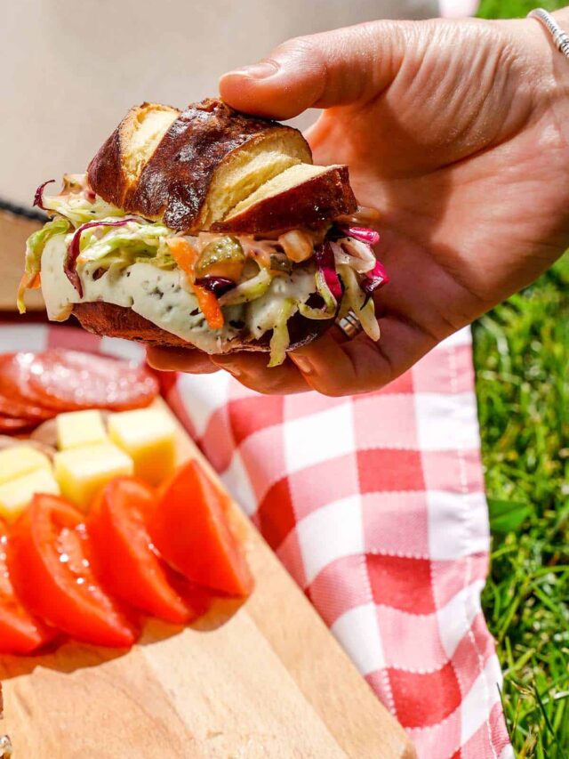 Coleslaw Swiss cheese melt, held at picnic outside.