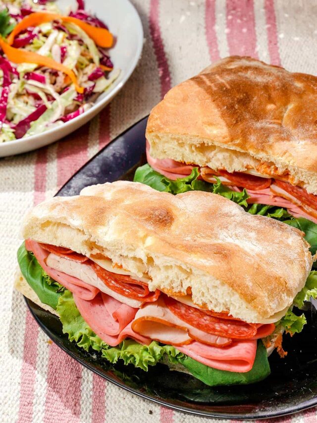 closeup of picnic sandwich with italian meats