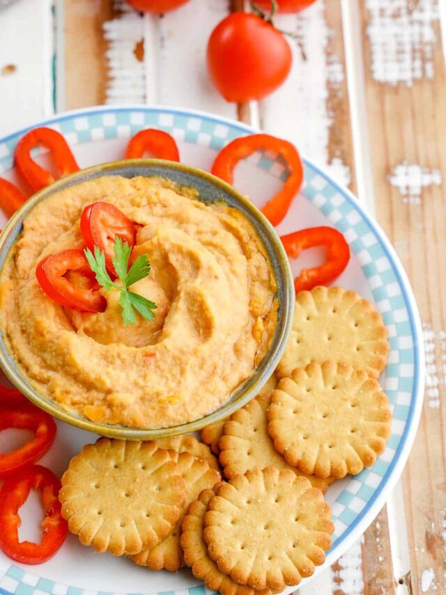 plate of roasted red pepper hummus for a picnic