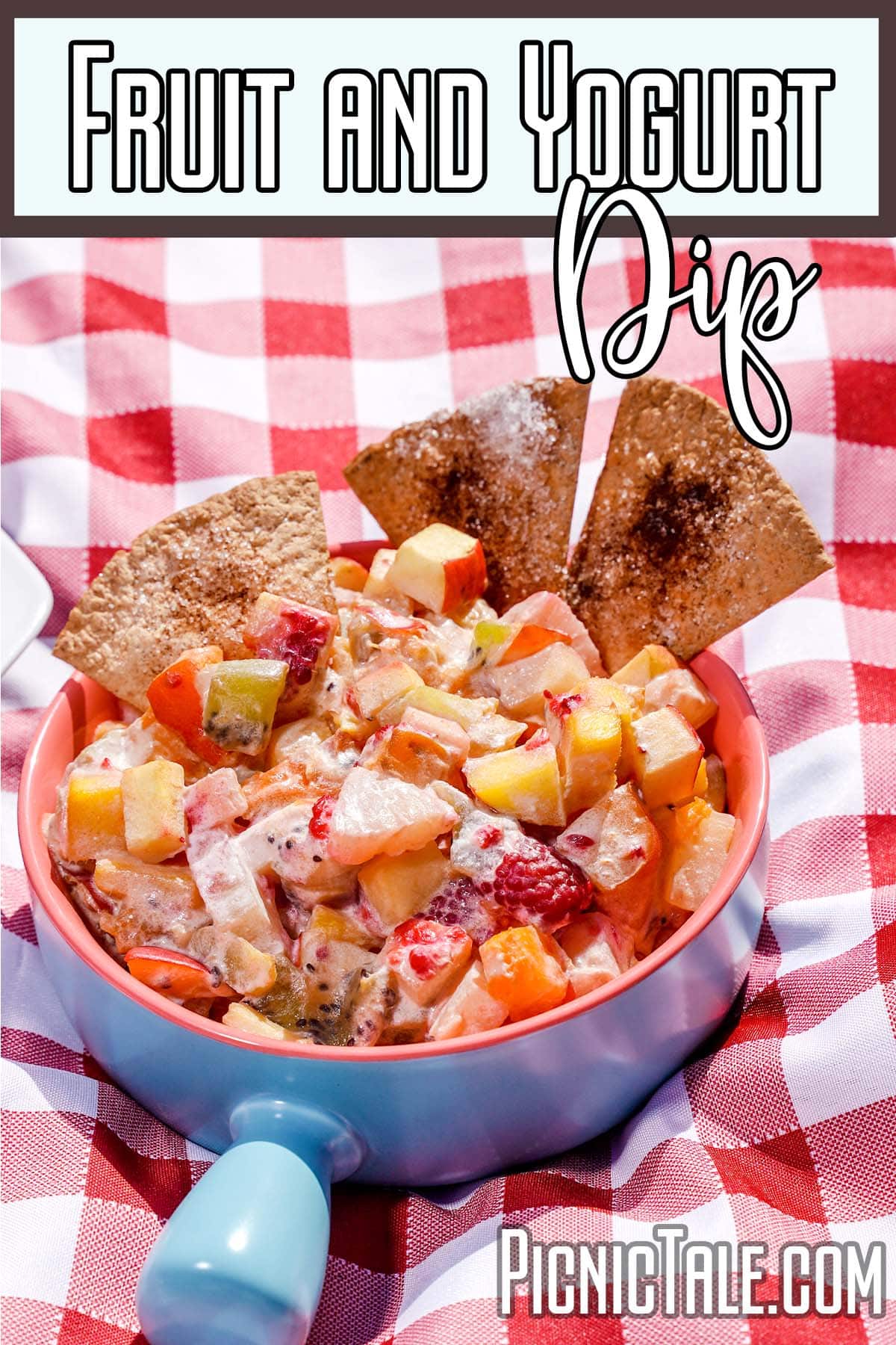 simple picnic side dish with text which reads fruit and yogurt dip