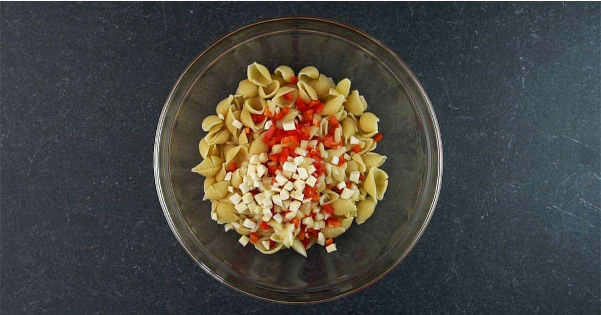 combining ingredients to make garden pasta salad