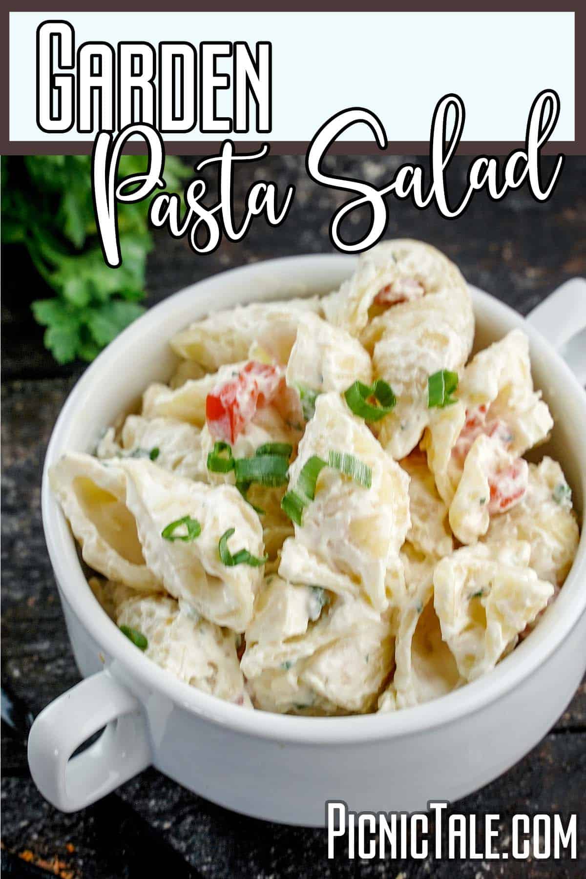 bowl of easy pasta salad for a picnic with text which reads garden pasta salad