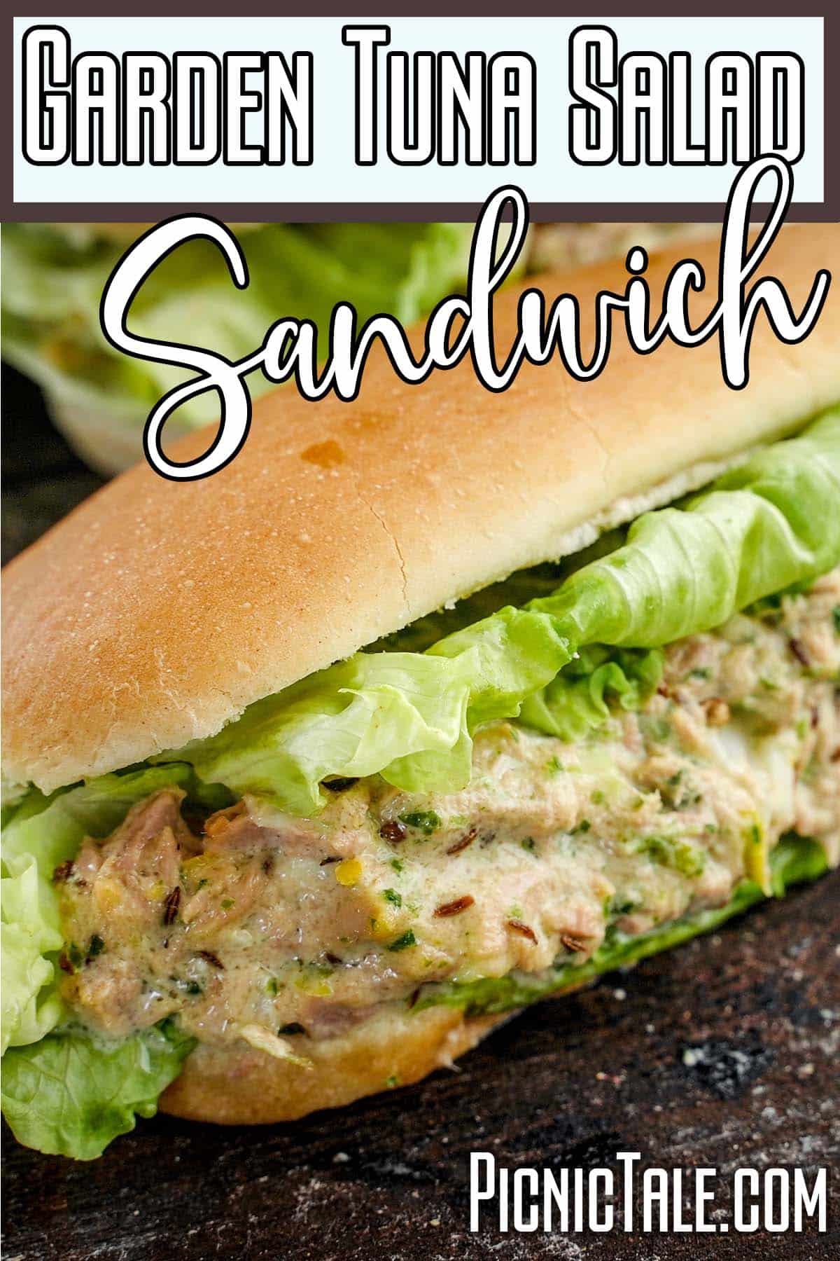 Garden tuna salad sandwich, wording on top.