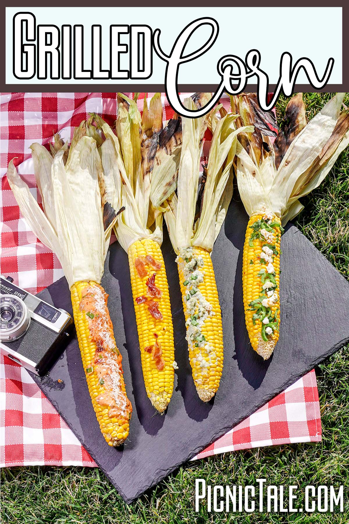 elote on a plate with text which reads grilled corn on the cob