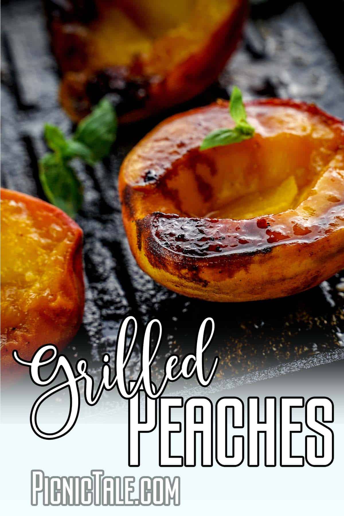 closeup of picnic side dish with text which reads grilled peaches