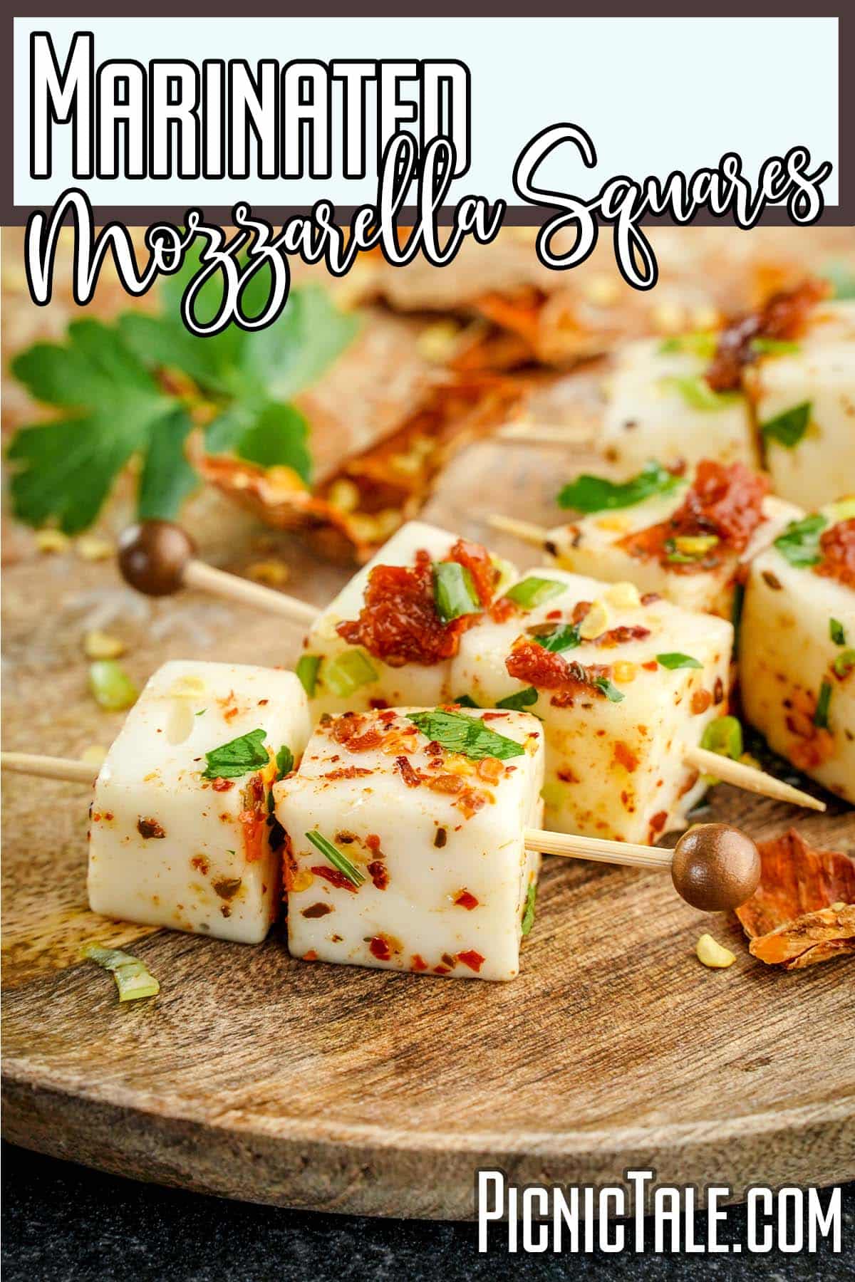 easy recipe for cheese on a stick with text which reads marinated mozzarella squares