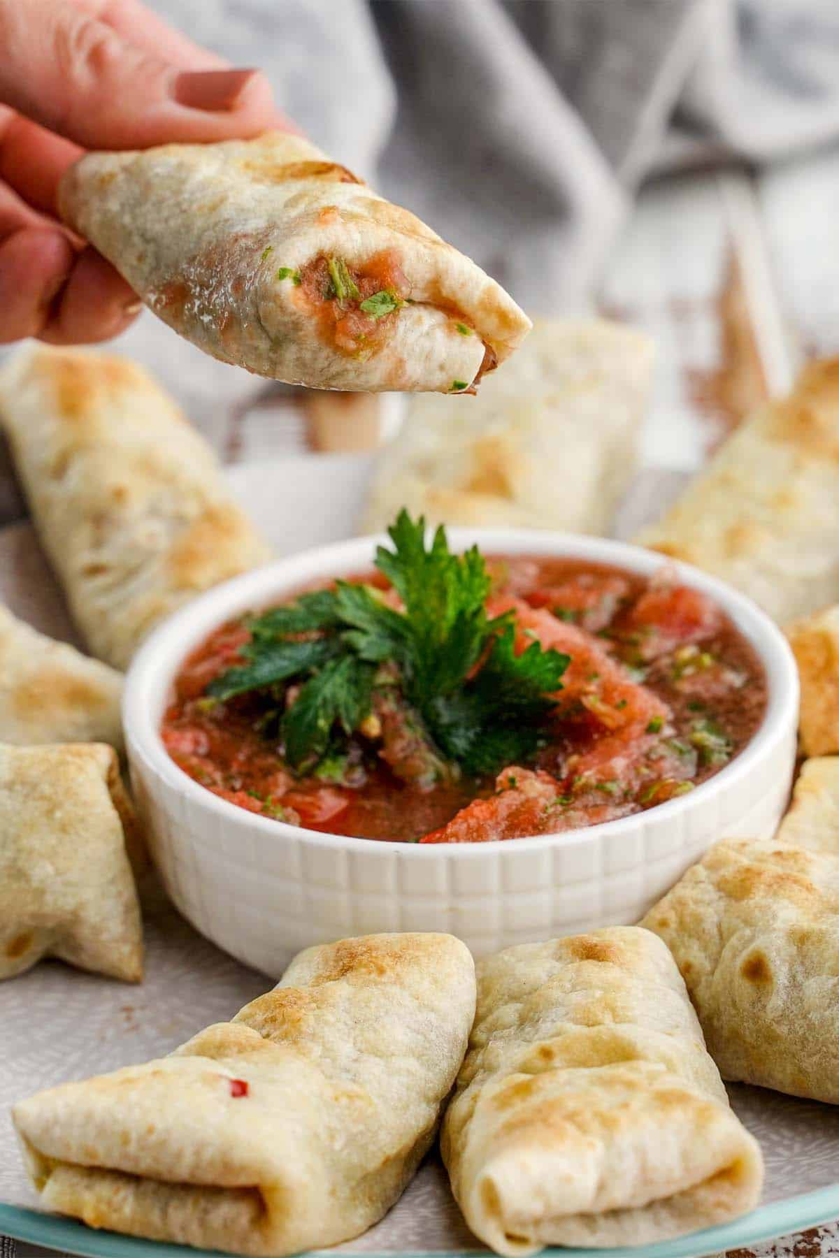 mini burritos and salsa on a plate