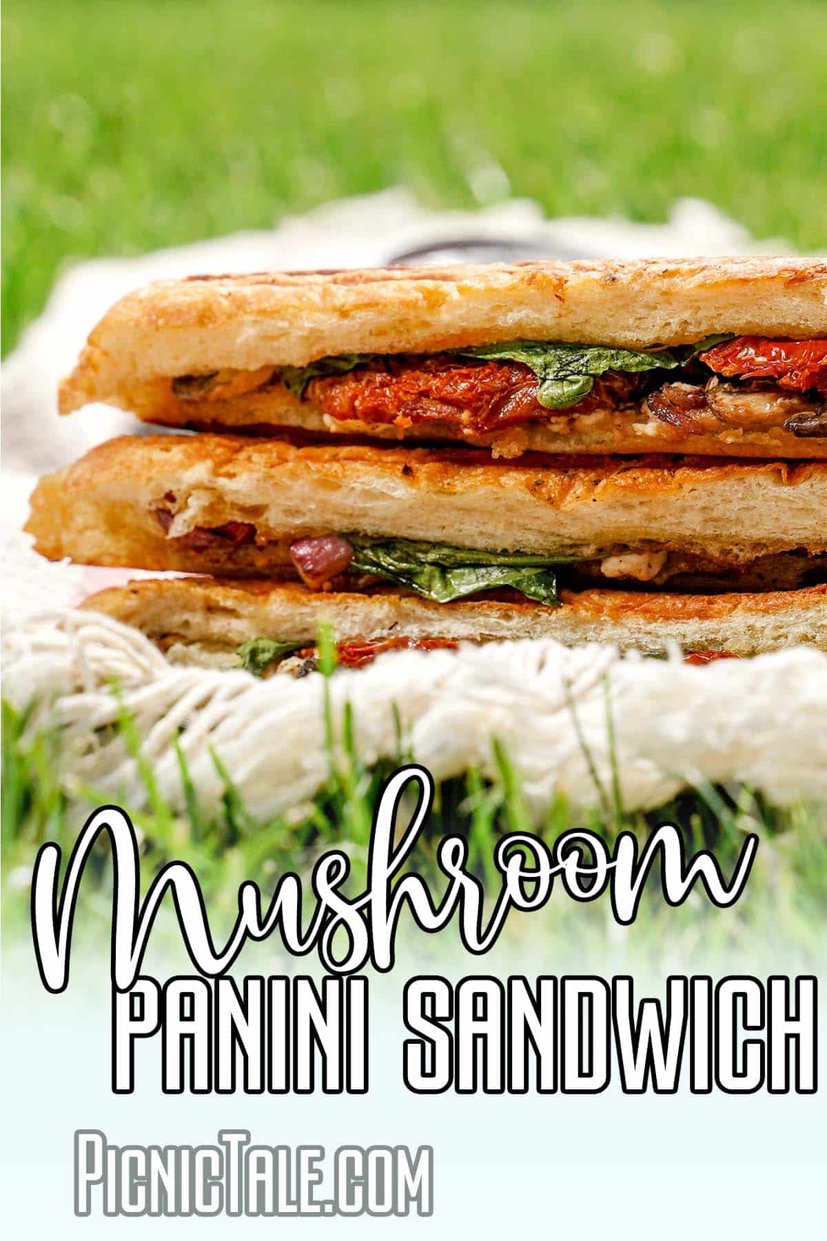 Mushroom Panini sandwich, grass and fringed towel with writing on bottom.
