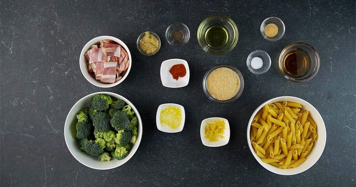 ingredients to make roasted broccoli and pasta salad