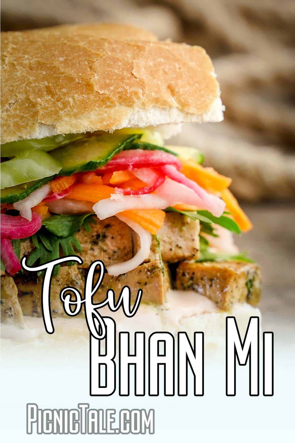 Tofu Bhan Mi sandwich, close up wording on bottom.