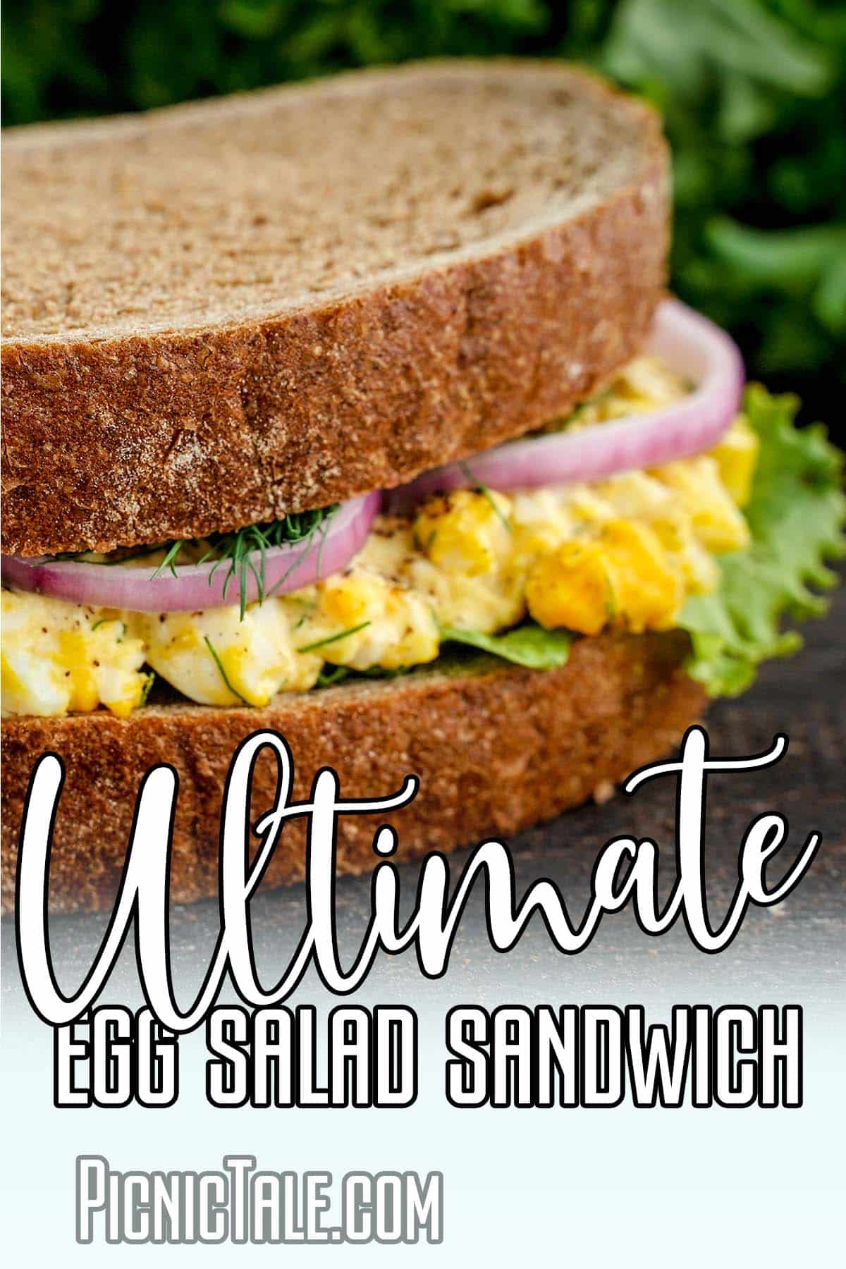 Ultimate egg salad sandwich, lettering on bottom.