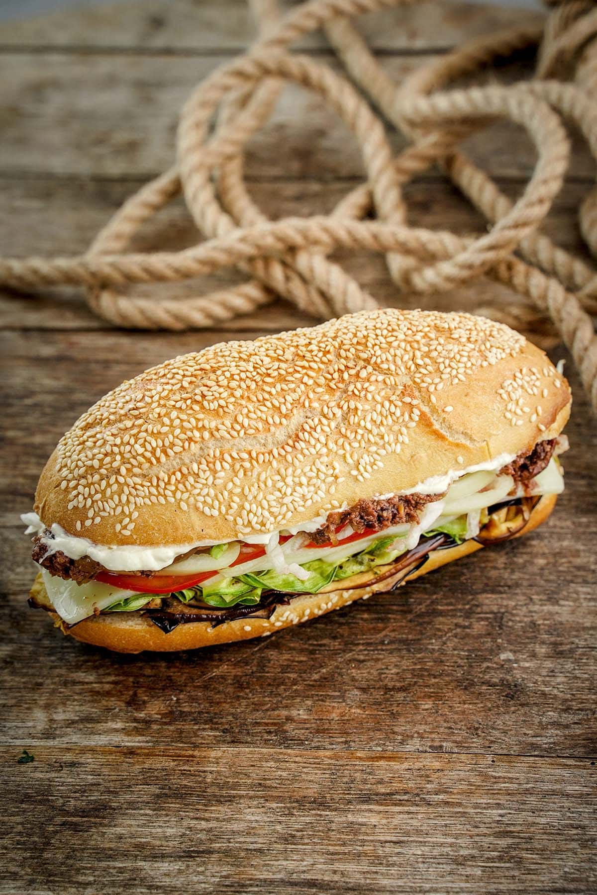 Vegetarian sub with rope behind it.