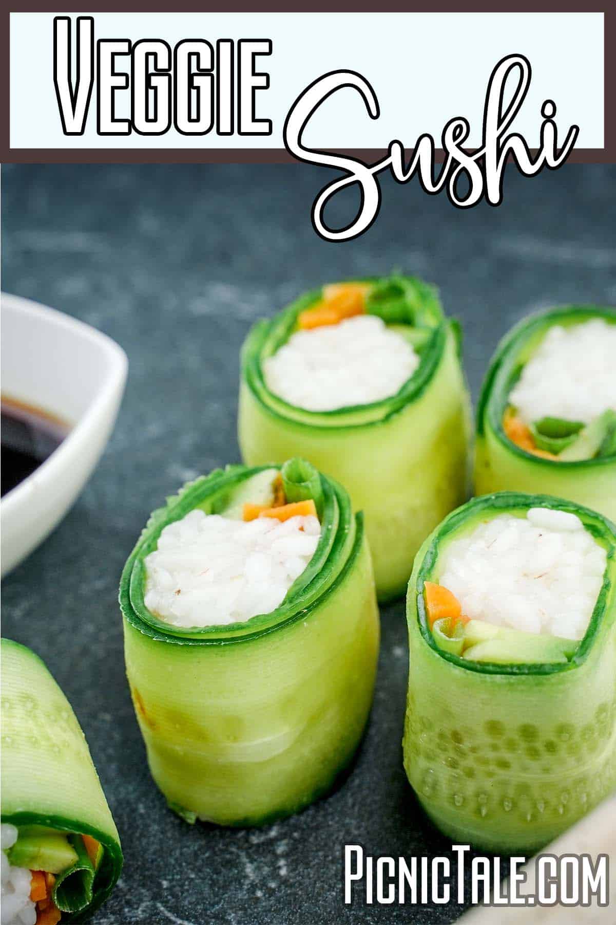 vegetable sushi on a plate with text which reads veggie sushi