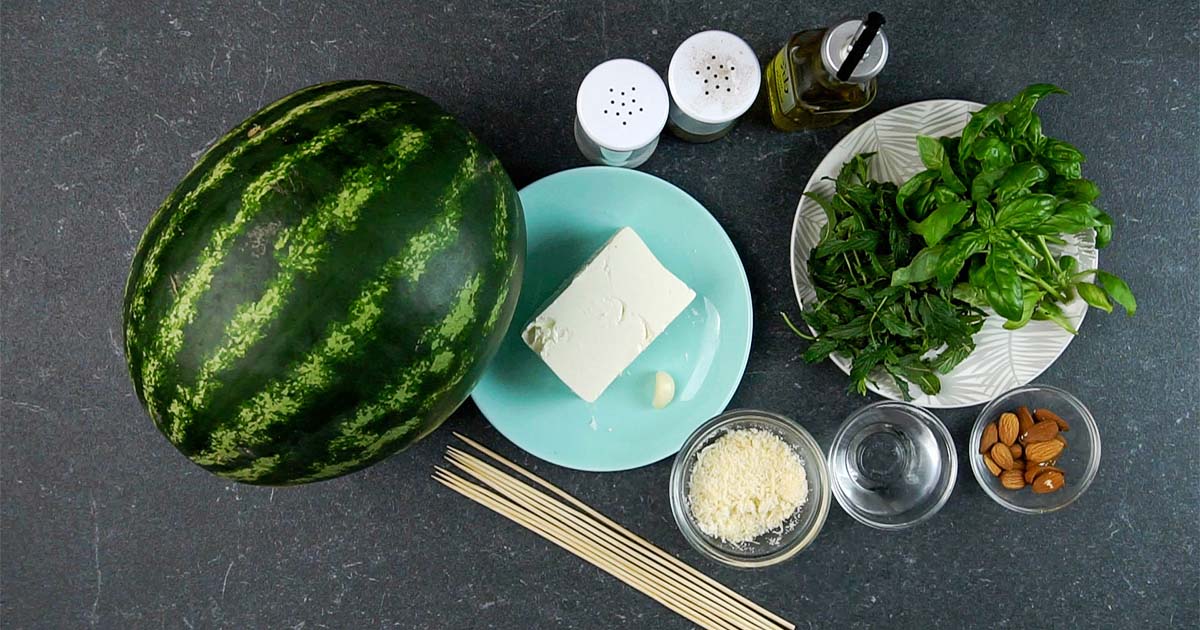 ingredients to make watermelon feta mint skewers