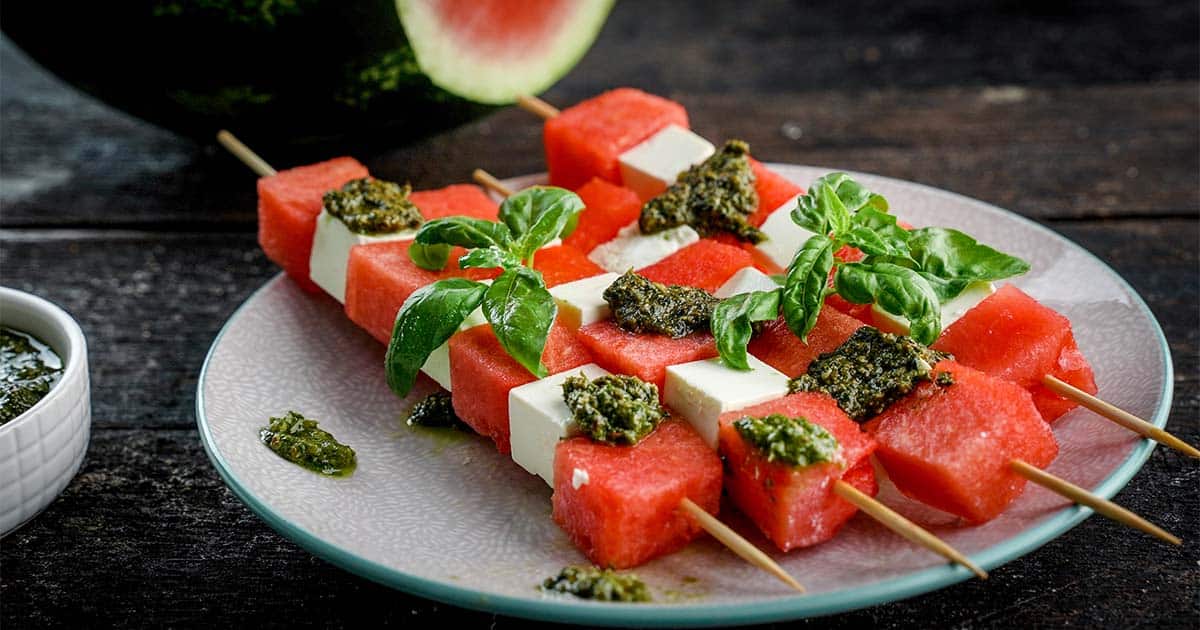 watermelon feta mint skewers on a plate
