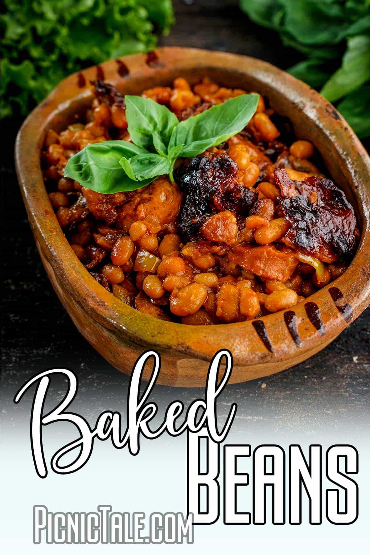 bowl of Baked Beans with Sugar and Bacon with text which reads baked beans