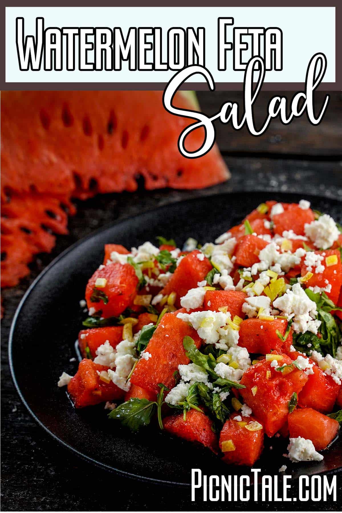 watermelon salad with feta and mint with text which reads watermelon feta salad