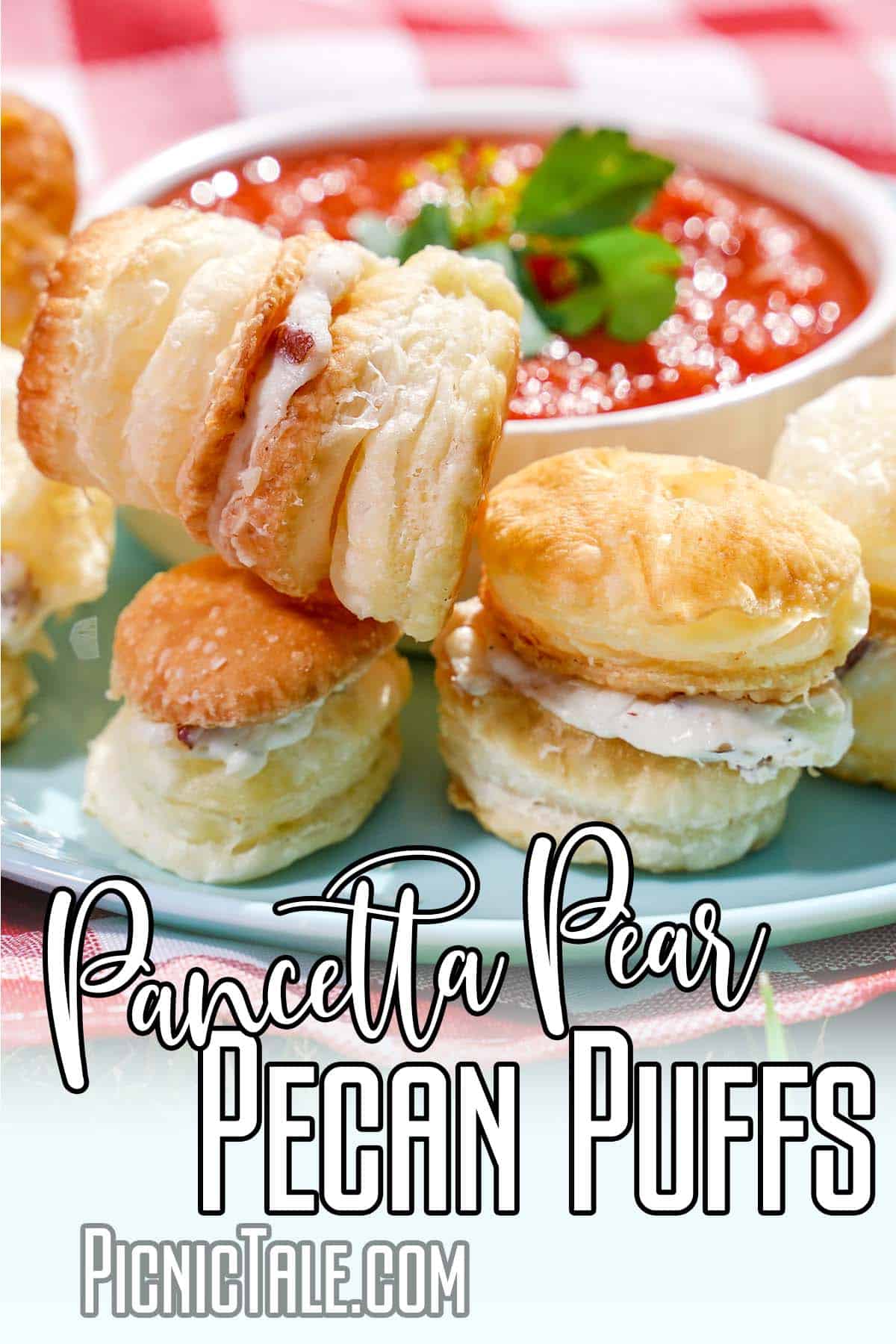 simple fruit puff recipe with text which reads Pancetta Pear Pecan Puffs